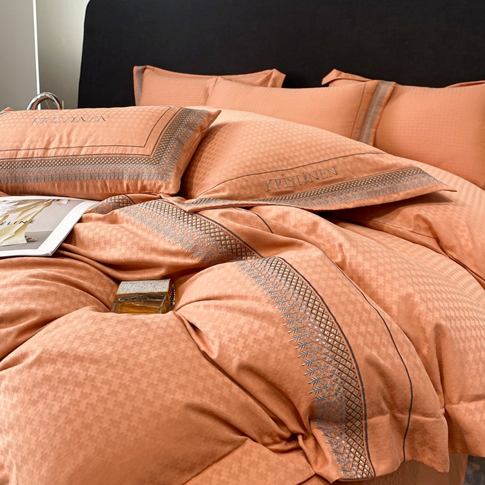 91家纺网 家纺一手货源 找家纺 安妮 2023新款简约提花刺绣四件套-缇娜夫人 缇娜夫人-桔