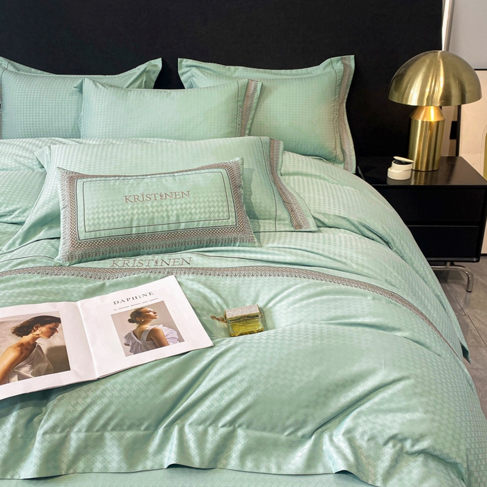 91家纺网 家纺一手货源 找家纺 安妮 2023新款简约提花刺绣四件套-缇娜夫人 缇娜夫人-抹茶绿