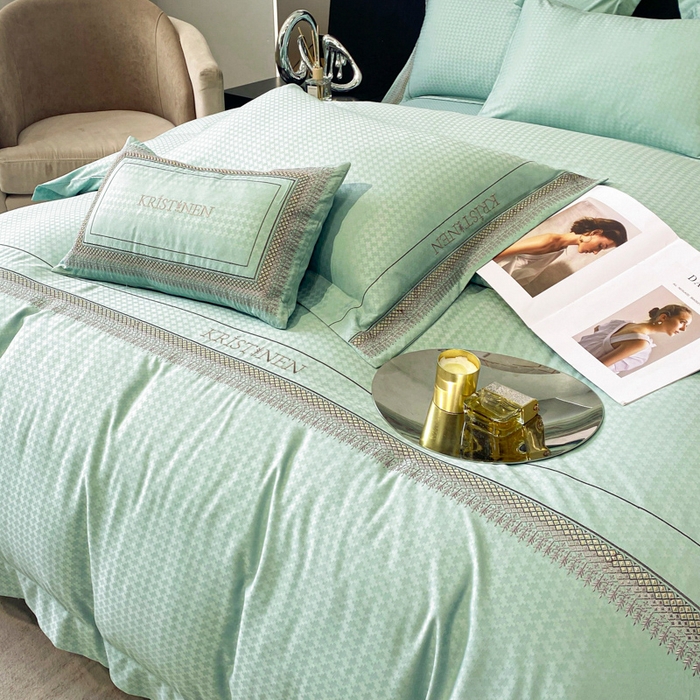 91家纺网 家纺一手货源 找家纺 安妮 2023新款简约提花刺绣四件套-缇娜夫人 缇娜夫人-抹茶绿