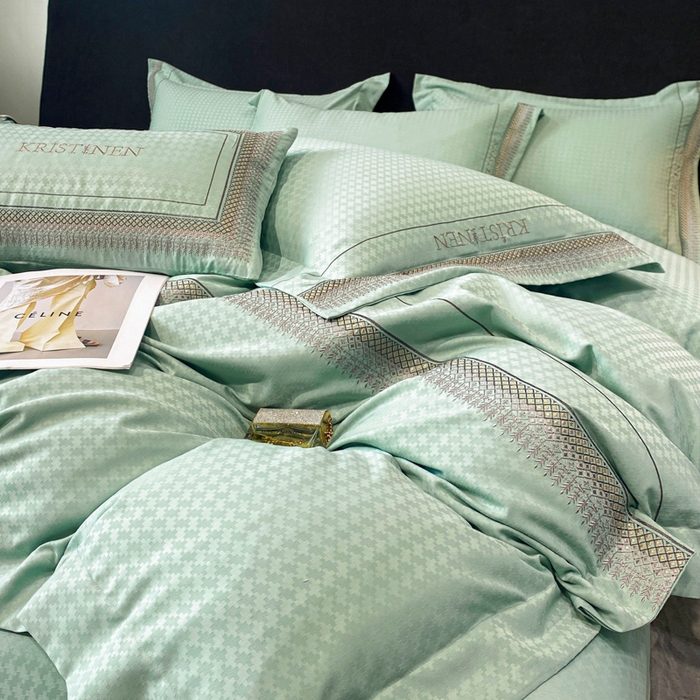 91家纺网 家纺一手货源 找家纺 安妮 2023新款简约提花刺绣四件套-缇娜夫人 缇娜夫人-抹茶绿