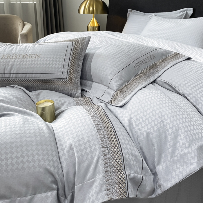 91家纺网 家纺一手货源 找家纺 安妮 2023新款简约提花刺绣四件套-缇娜夫人 缇娜夫人-蓝灰