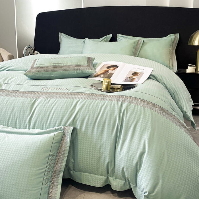 91家纺网 家纺一手货源 找家纺 安妮 2023新款简约提花刺绣四件套-缇娜夫人 缇娜夫人-抹茶绿