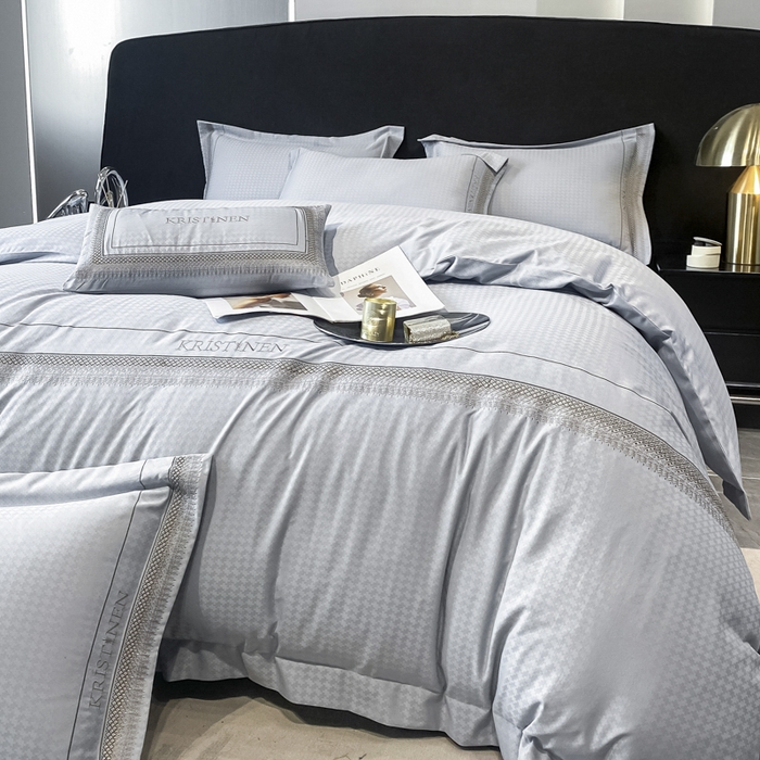 91家纺网 家纺一手货源 找家纺 安妮 2023新款简约提花刺绣四件套-缇娜夫人 缇娜夫人-蓝灰