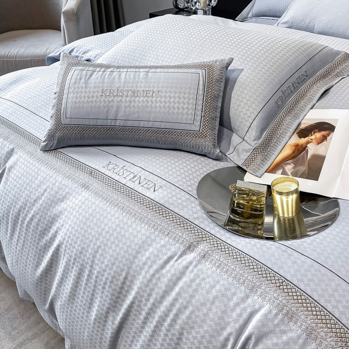 91家纺网 家纺一手货源 找家纺 安妮 2023新款简约提花刺绣四件套-缇娜夫人 缇娜夫人-蓝灰