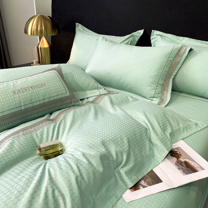 91家纺网 家纺一手货源 找家纺 安妮 2023新款简约提花刺绣四件套-缇娜夫人 缇娜夫人-抹茶绿