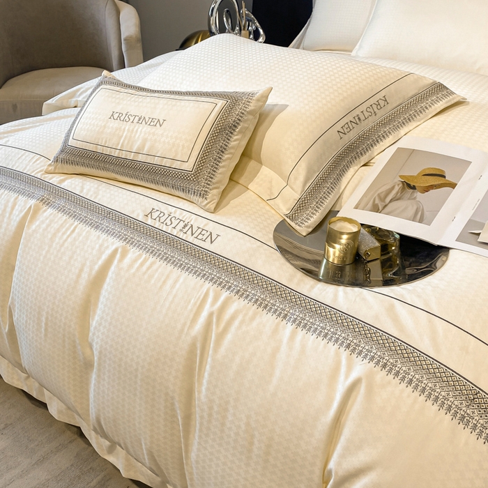 91家纺网 家纺一手货源 找家纺 安妮 2023新款简约提花刺绣四件套-缇娜夫人 缇娜夫人-奶白