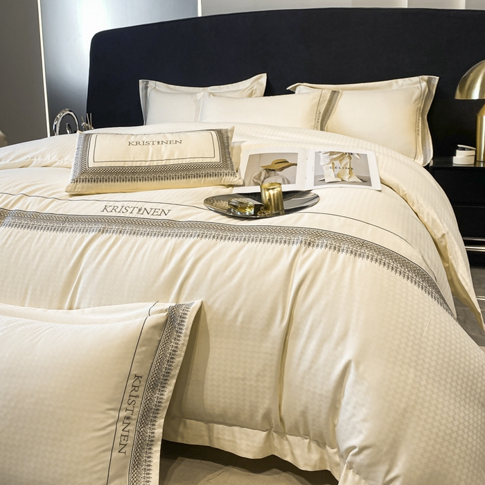 91家纺网 家纺一手货源 找家纺 安妮 2023新款简约提花刺绣四件套-缇娜夫人 缇娜夫人-奶白