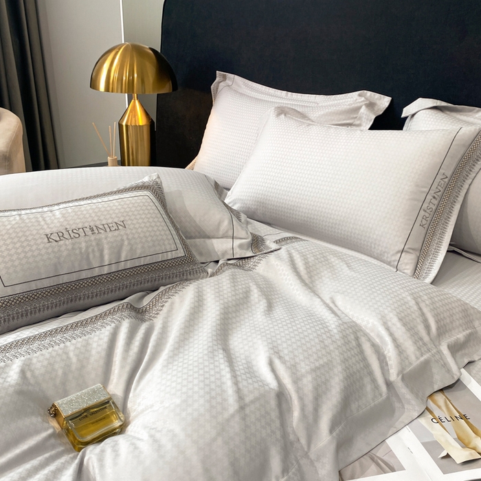 91家纺网 家纺一手货源 找家纺 安妮 2023新款简约提花刺绣四件套-缇娜夫人 缇娜夫人-象牙灰