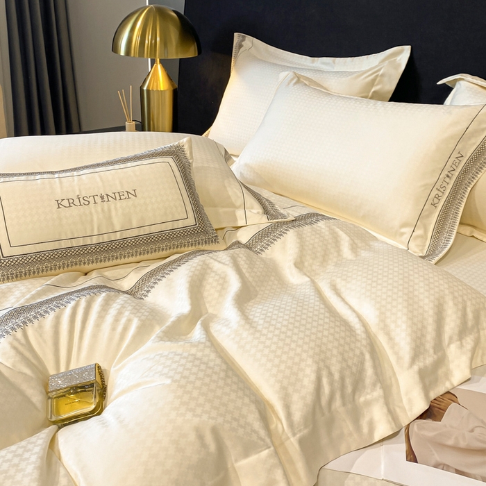 91家纺网 家纺一手货源 找家纺 安妮 2023新款简约提花刺绣四件套-缇娜夫人 缇娜夫人-奶白