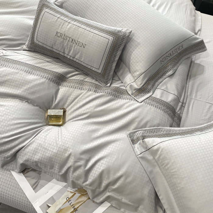 91家纺网 家纺一手货源 找家纺 安妮 2023新款简约提花刺绣四件套-缇娜夫人 缇娜夫人-象牙灰