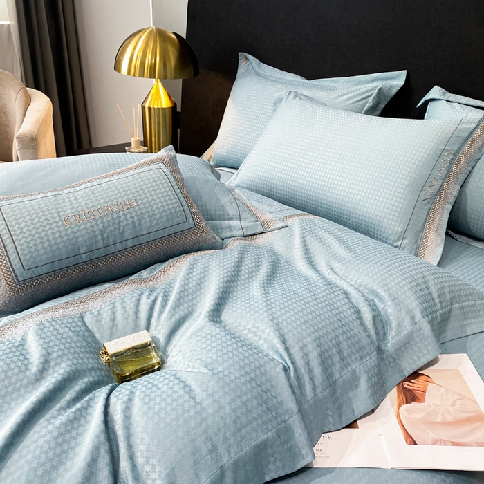 91家纺网 家纺一手货源 找家纺 安妮 2023新款简约提花刺绣四件套-缇娜夫人 缇娜夫人-星蓝