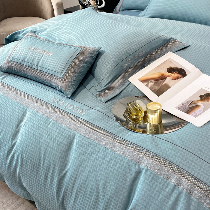 91家纺网 家纺一手货源 找家纺 安妮 2023新款简约提花刺绣四件套-缇娜夫人 缇娜夫人-星蓝