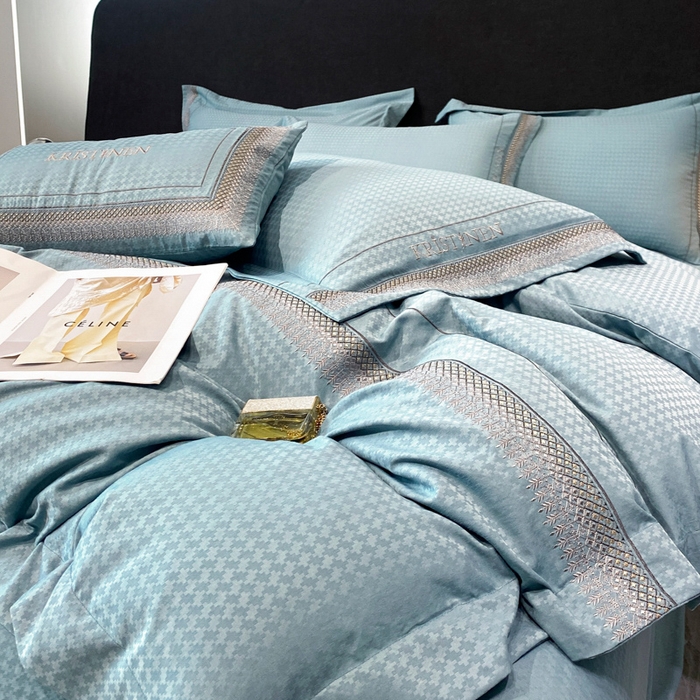 91家纺网 家纺一手货源 找家纺 安妮 2023新款简约提花刺绣四件套-缇娜夫人 缇娜夫人-星蓝