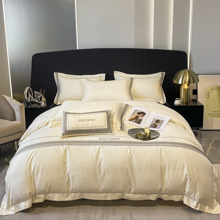 91家纺网 家纺一手货源 找家纺 安妮 2023新款简约提花刺绣四件套-缇娜夫人 缇娜夫人-蓝灰