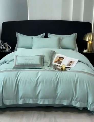 91家纺网 家纺一手货源 找家纺 安妮 2023新款简约提花刺绣四件套-缇娜夫人 缇娜夫人-抹茶绿