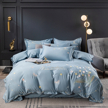 91家纺网 家纺一手货源 找家纺 金窝窝家纺 2024新款式活性纯棉绣花四件套 蝶恋花-深蓝