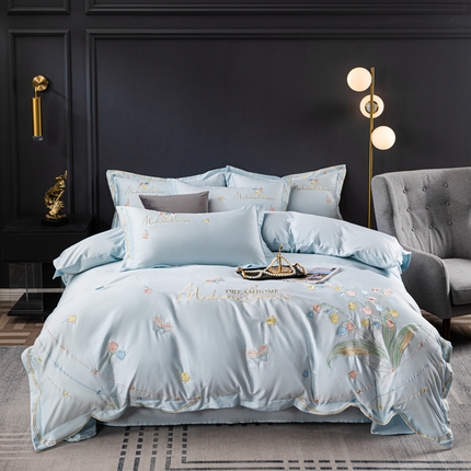 91家纺网 家纺一手货源 找家纺 金窝窝家纺 2024新款式活性纯棉绣花四件套 蝶恋花-天蓝