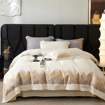 91家纺网 家纺一手货源 找家纺 名品优仓 高支高密长绒棉刺绣款四季可用四件套朵芮雅系列 朵芮雅一奶昔白