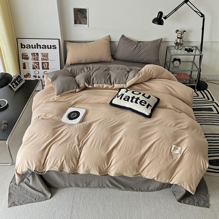 优色良品家纺 2023新款博主风90克超柔水洗棉双拼四件套 中驼+浅灰