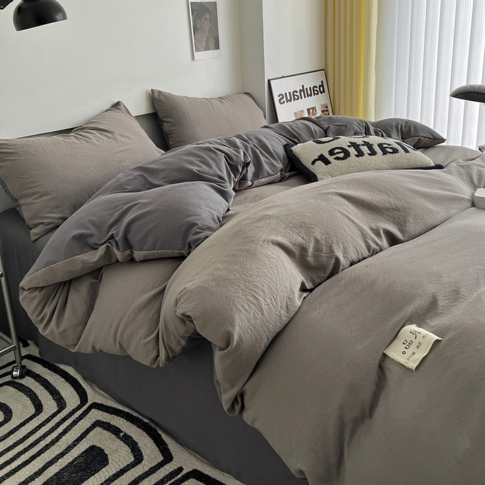 91家纺网 家纺一手货源 找家纺 优色良品家纺 2023新款博主风90克超柔水洗棉双拼四件套 浅灰+深灰