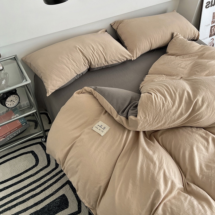 91家纺网 家纺一手货源 找家纺 优色良品家纺 2023新款博主风90克超柔水洗棉双拼四件套 中驼+浅灰