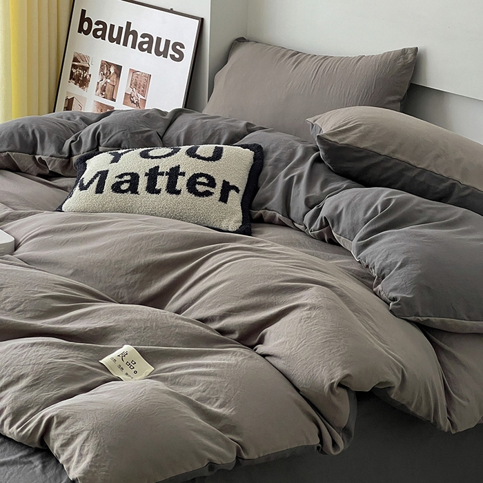 91家纺网 家纺一手货源 找家纺 优色良品家纺 2023新款博主风90克超柔水洗棉双拼四件套 浅灰+深灰