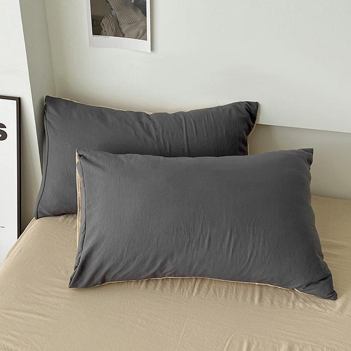 91家纺网 家纺一手货源 找家纺 优色良品家纺 2023新款博主风90克超柔水洗棉双拼四件套 深灰+中驼