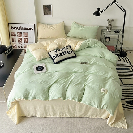 优色良品家纺 2023新款博主风90克超柔水洗棉双拼四件套 藻绿+米黄