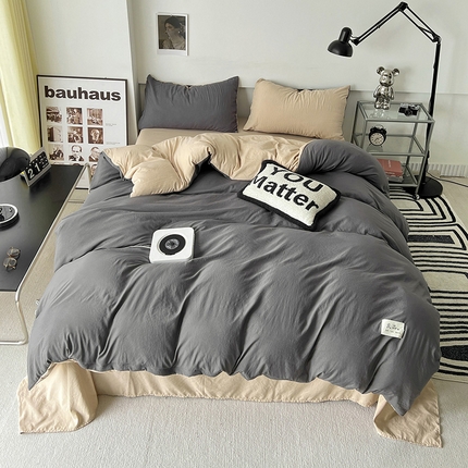 91家纺网 家纺一手货源 找家纺 优色良品家纺 2023新款博主风90克超柔水洗棉双拼四件套 深灰+中驼