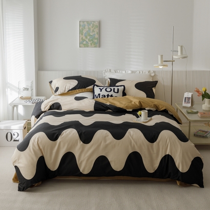 畅畅 2023新款13372全棉印花四件套纯棉直播 黑色波纹