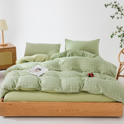 91家纺网 家纺一手货源 找家纺 宏源家纺 2023年4月新款水洗棉麻简约格子四件套 格里绿