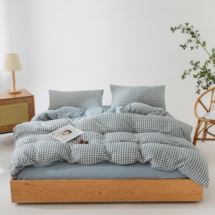91家纺网 家纺一手货源 找家纺 宏源家纺 2023年4月新款水洗棉麻简约格子四件套 简尚蓝