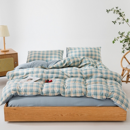 91家纺网 家纺一手货源 找家纺 宏源家纺 2023年4月新款水洗棉麻简约格子四件套 乔南蓝