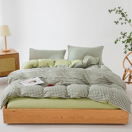 91家纺网 家纺一手货源 找家纺 宏源家纺 2023年4月新款水洗棉麻简约格子四件套 简尚绿