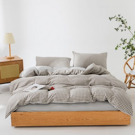 91家纺网 家纺一手货源 找家纺 宏源家纺 2023年4月新款水洗棉麻简约格子四件套 简尚灰