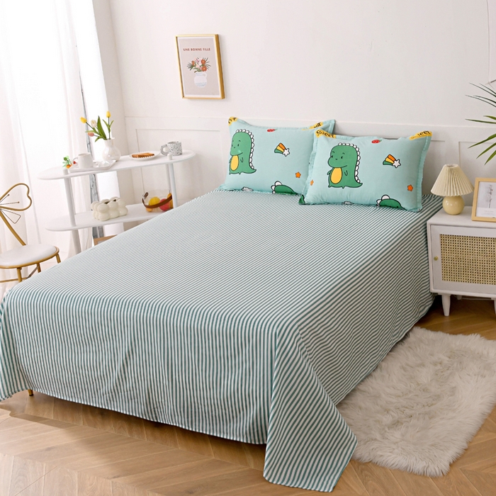 91家纺网 家纺一手货源 找家纺 茗婷2025春夏新款纯棉印花单品床单 恐龙表白绿