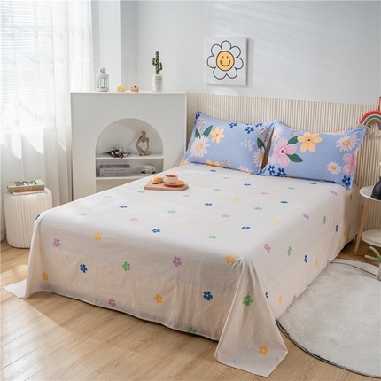 茗婷2025春夏新款纯棉印花单品床单 幸福花语蓝