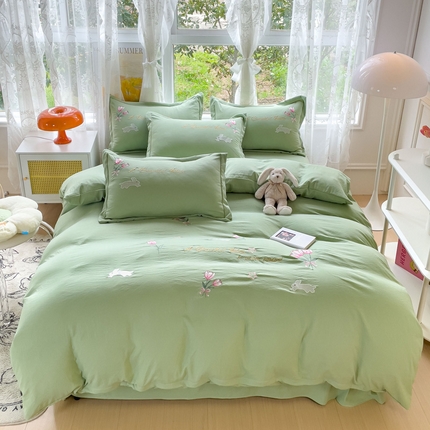 91家纺网 家纺一手货源 找家纺 2023春夏新品A类双层纱水洗棉麻四件套-郁金香系列 郁金香-青提绿