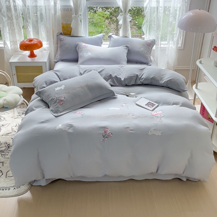 91家纺网 家纺一手货源 找家纺 2023春夏新品A类双层纱水洗棉麻四件套-郁金香系列 郁金香-冰川灰