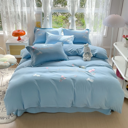 91家纺网 家纺一手货源 找家纺 2023春夏新品A类双层纱水洗棉麻四件套-郁金香系列 郁金香-星光蓝
