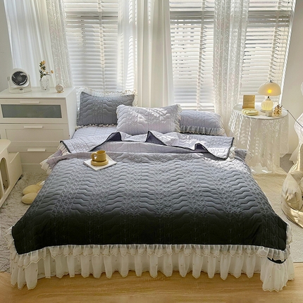 宜凡 2023新款全棉蕾丝刺绣床盖三件套 黛灰