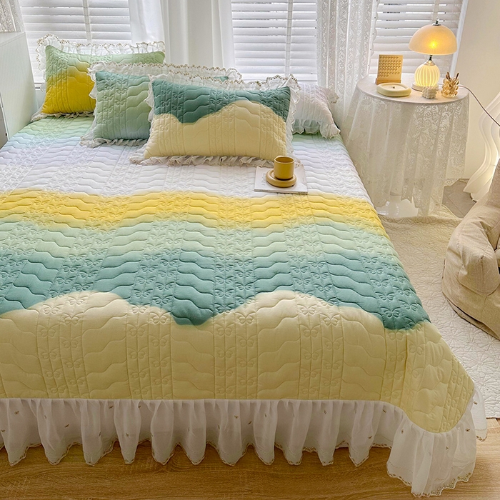 91家纺网 家纺一手货源 找家纺 宜凡 2023新款全棉蕾丝刺绣床盖三件套 黄绿