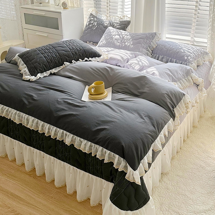 91家纺网 家纺一手货源 找家纺 宜凡 2023新款全棉蕾丝刺绣床盖四件套（单层被套） 黛灰