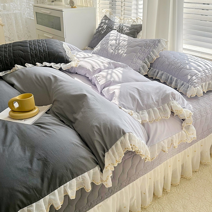 91家纺网 家纺一手货源 找家纺 宜凡 2023新款全棉蕾丝刺绣床盖四件套（单层被套） 黛灰