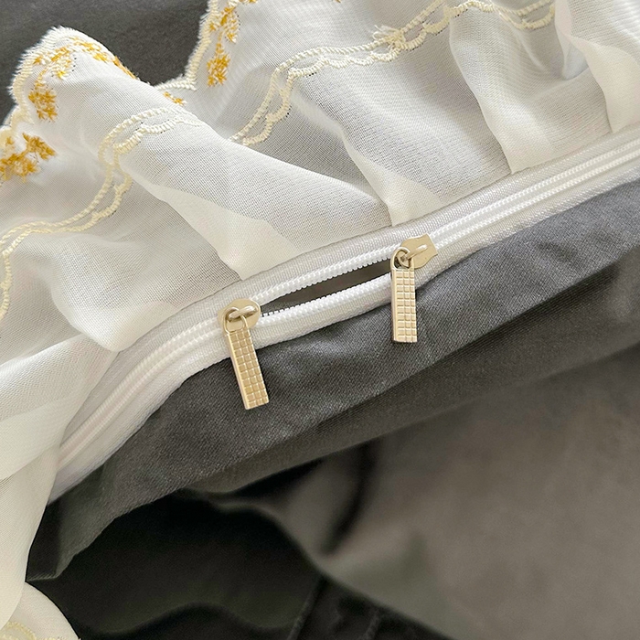 91家纺网 家纺一手货源 找家纺 宜凡 2023新款全棉蕾丝刺绣床盖四件套（单层被套） 黛灰