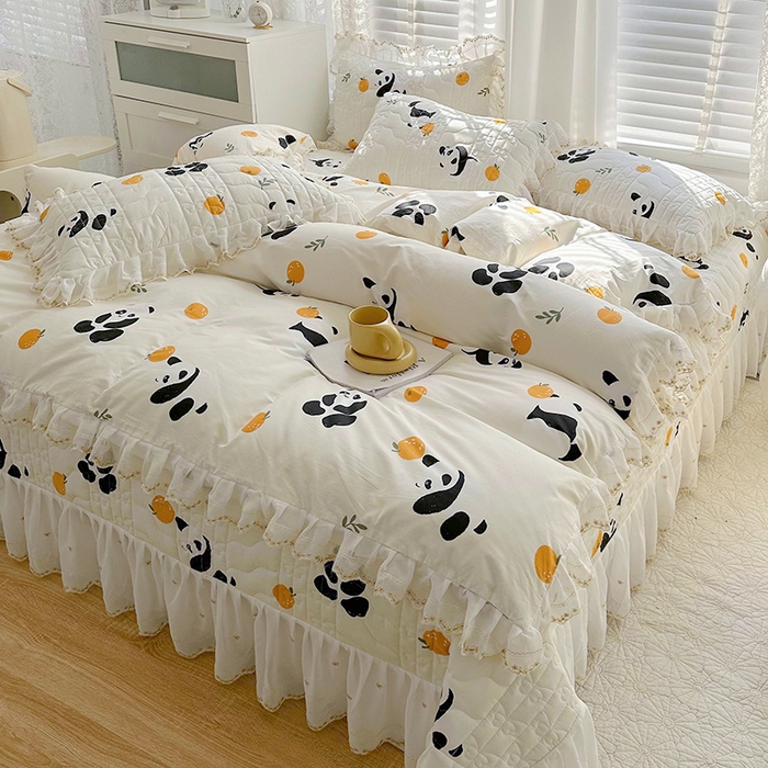 91家纺网 家纺一手货源 找家纺 宜凡 2023新款全棉蕾丝刺绣床盖四件套（单层被套） 黑白熊猫