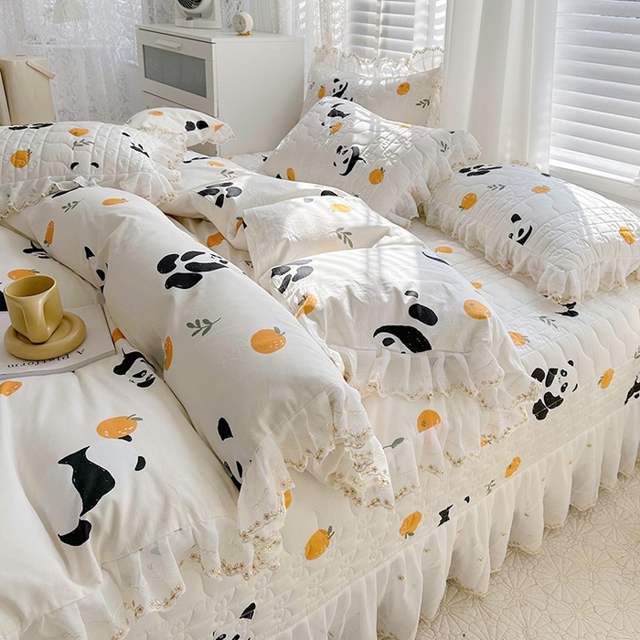 91家纺网 家纺一手货源 找家纺 宜凡 2023新款全棉蕾丝刺绣床盖四件套（单层被套） 黑白熊猫