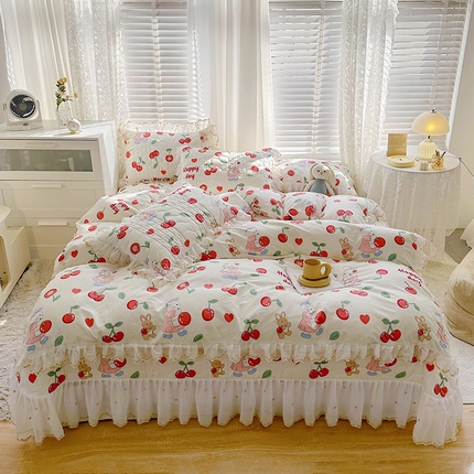 宜凡 2023新款全棉蕾丝刺绣床盖四件套（单层被套） 红果果兔