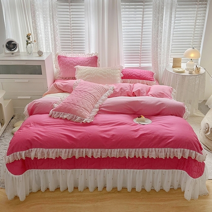 91家纺网 家纺一手货源 找家纺 宜凡 2023新款全棉蕾丝刺绣床盖四件套（单层被套） 玫粉