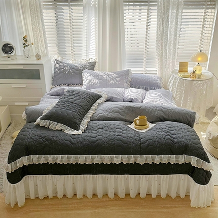  2023新款全棉蕾丝刺绣床盖四件套（夹棉被套） 黛灰